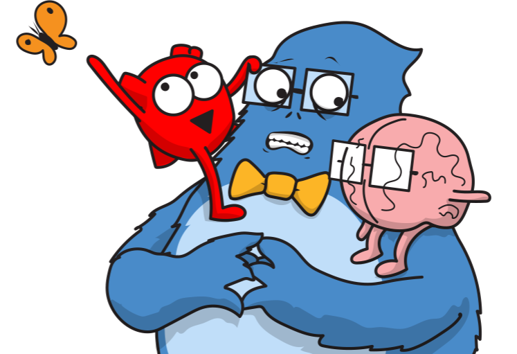 A cartoon blue brain with glasses and a yellow bow tie, holding a big blue monster with an orange heart-shaped head and wide eyes, a pink cartoon brain with glasses sitting on the blue brain's shoulder, and a small orange butterfly flying nearby.