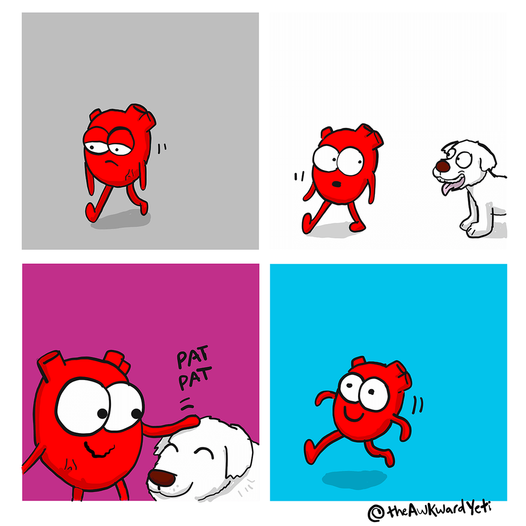 A cartoon red human heart character with expressive eyes and limbs, interacting with a white dog with floppy ears and a friendly face, on a four-panel comic strip background with different colored backgrounds in each panel.