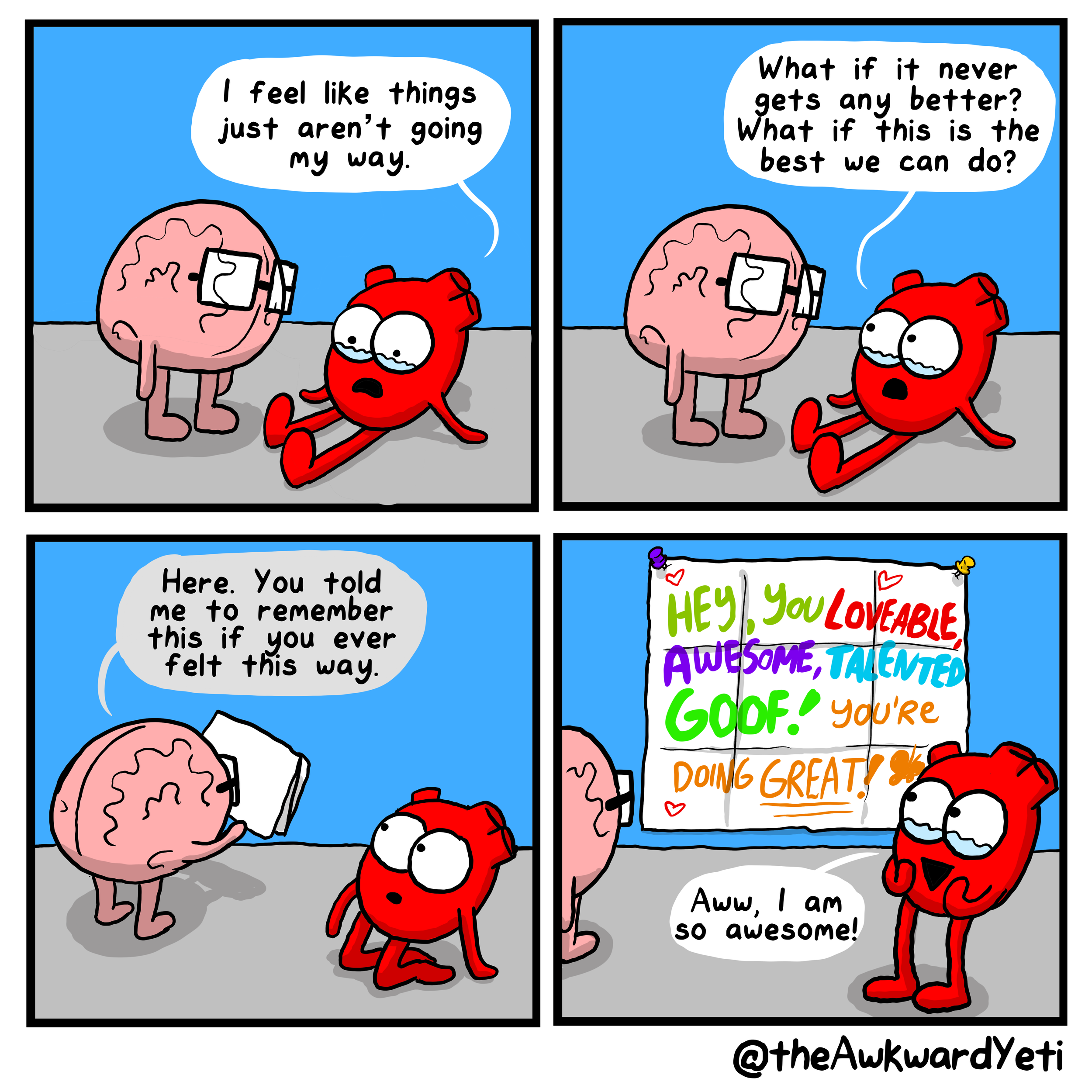 A comic strip featuring two characters, a pink brain with glasses and a red cartoon heart. The heart sits on the ground, talking to the brain, expressing feelings of frustration and doubt. The brain eventually finds a colorful handmade sign that says