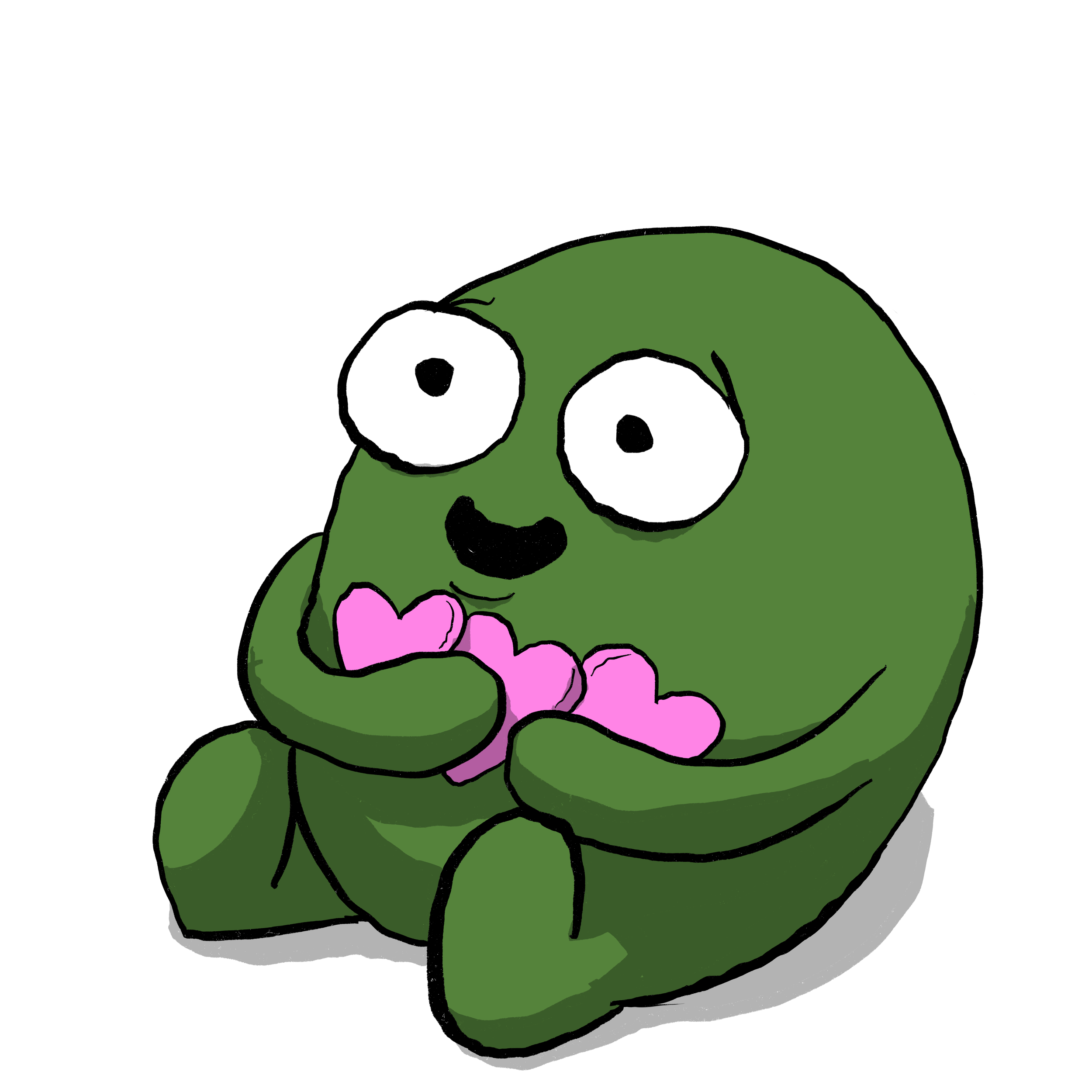 A green cartoon creature with large eyes and a small mouth, holding pink hearts close to its chest.