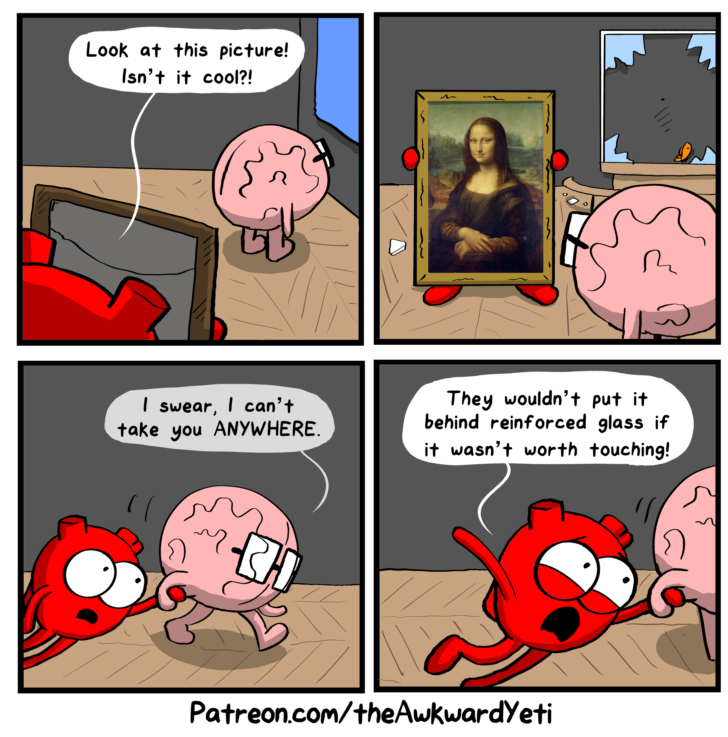 A comic strip with four panels featuring a character that appears to be a brain and a character resembling a human heart. In the first panel, the brain character excitedly shows a picture to the heart character, saying, 'Look at this picture! Isn't i