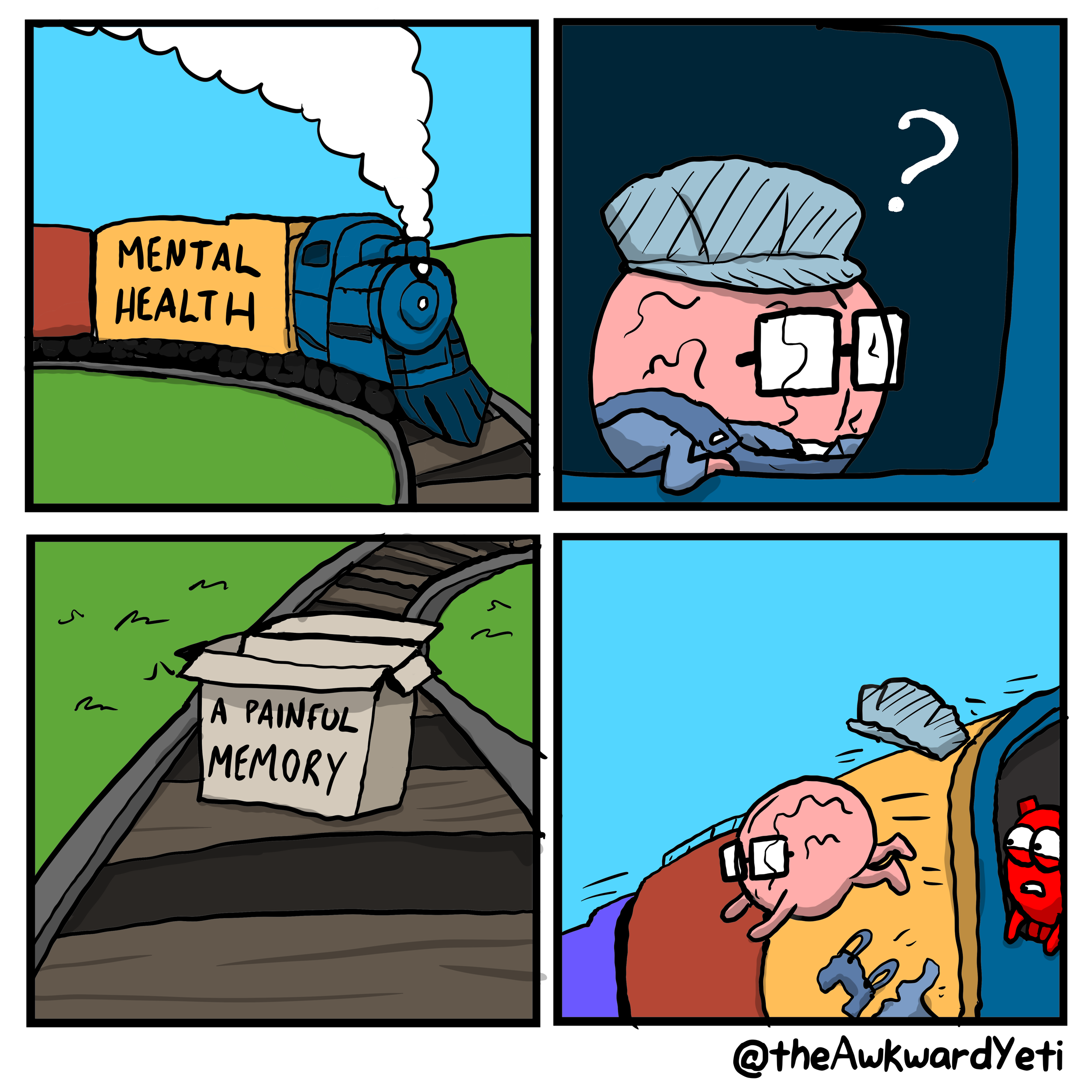 A comic strip with four panels illustrating mental health challenges. The first panel shows a train labeled "Mental Health" moving along a track. The second panel depicts a person's head with glasses, looking confused or distressed, with a question m