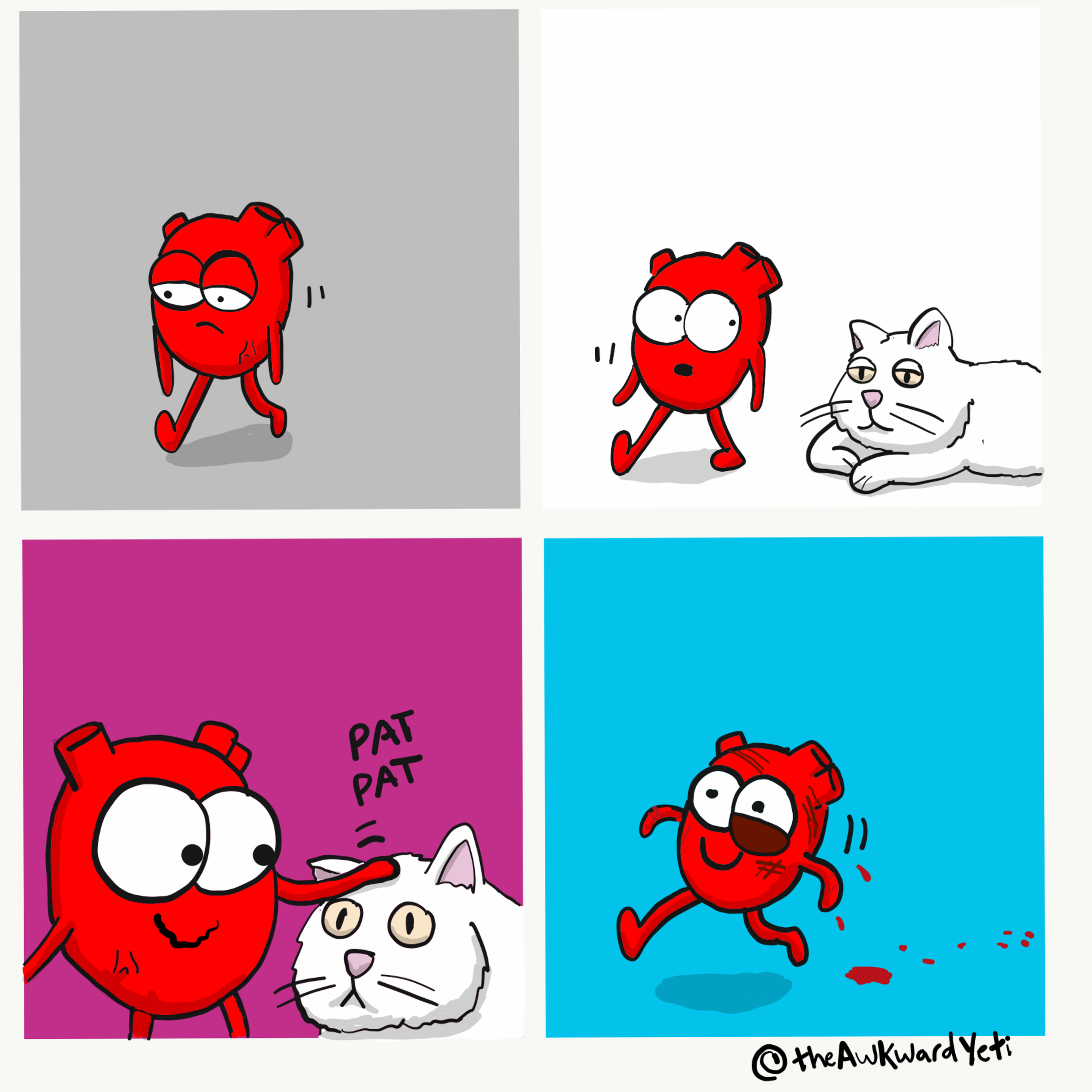 A four-panel comic featuring a red cartoon heart with expressive eyes and limbs. In the first panel, the heart looks sad and vulnerable. In the second panel, the heart walks past a relaxed white cat. In the third panel, the heart pats the cat on the 