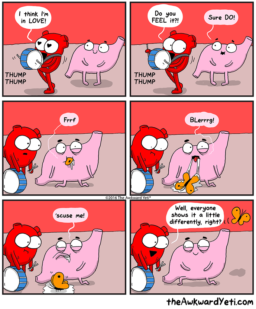 Comic strip featuring a red bear playing drums and a pink, anthropomorphic creature. In the first panel, the bear says, "I think I'm in LOVE!" The creature responds, "Do you FEEL it?!" The bear plays drums while the creature exhibits a heart characte