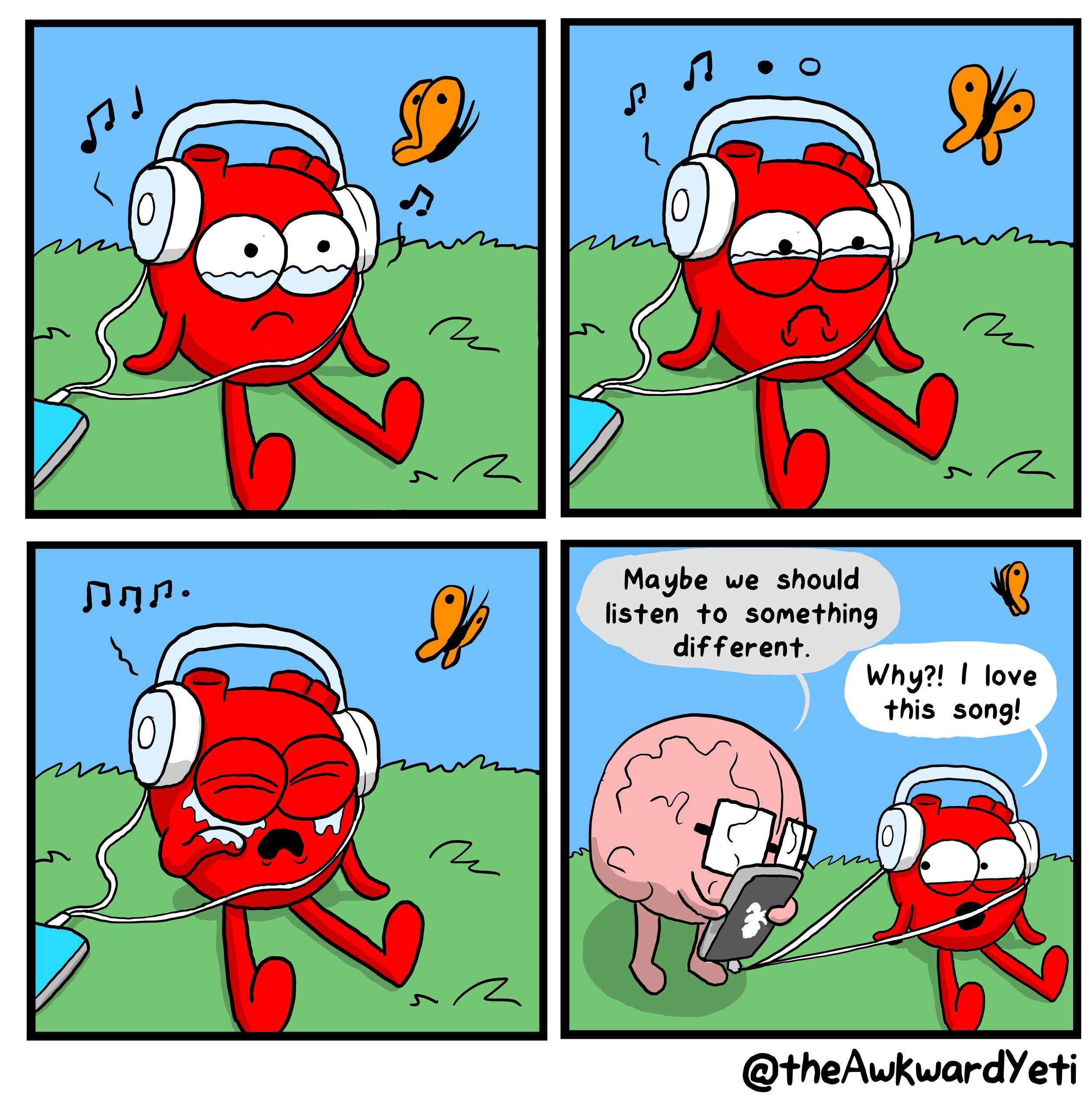 A four-panel cartoon showing a red character with headphones, listening to music in a grassy outdoor area under a blue sky. In the last panel, the character is emotional and crying while a brain character suggests they should listen to something diff