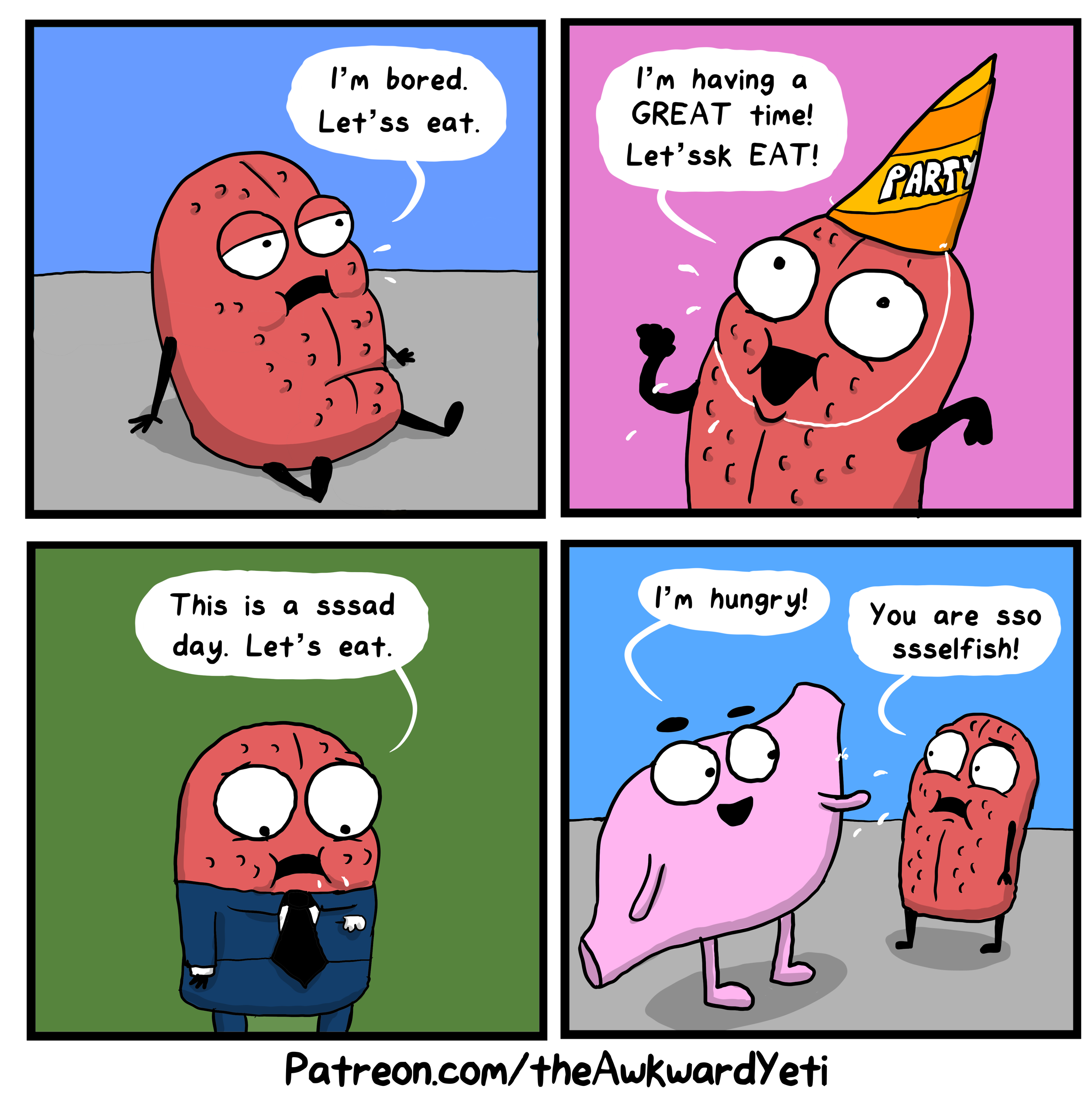 A four-panel comic featuring a cartoon strawberry with different expressions and dialogues in each panel. The strawberry is depicted sitting, celebrating with a party hat, dressed in a suit, and interacting with a pink anthropomorphic animal.