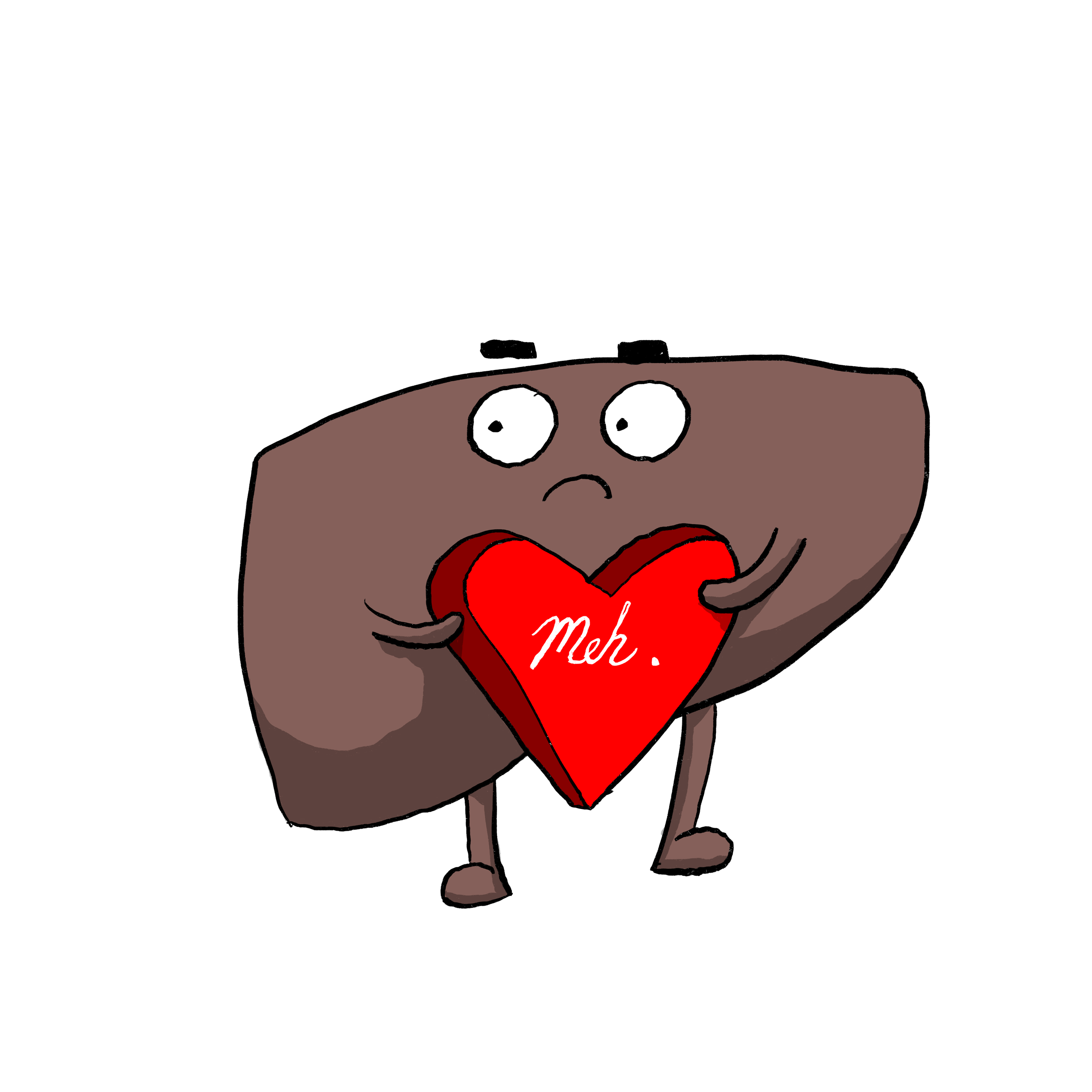 A cartoon character with a brown, irregularly shaped body, big white eyes with black pupils, and a small mouth, holding a red heart with the word 'Meh.' written on it in white cursive. The background is black.