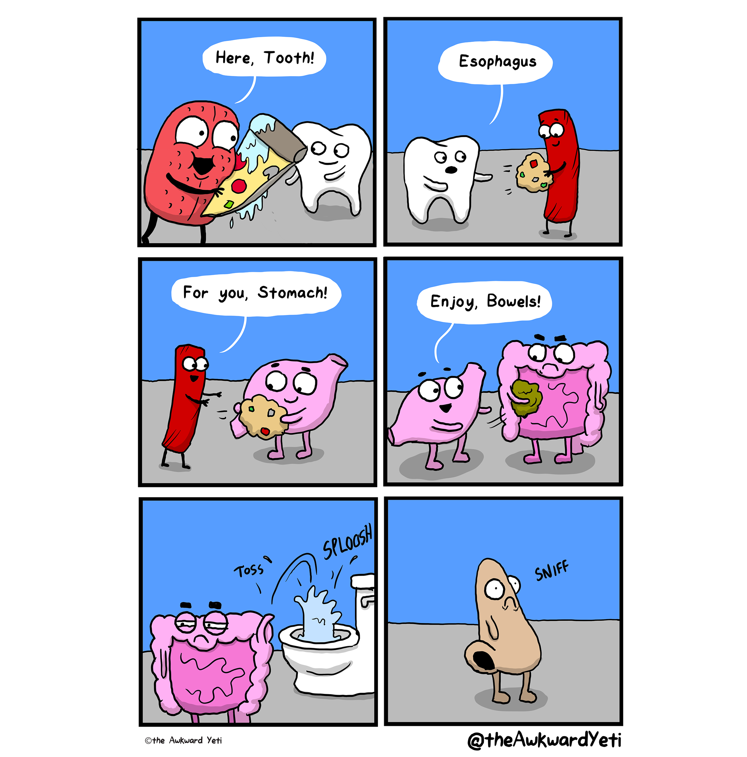 Cartoon teeth and organs engaging in a humorous scene depicting digestion. Teeth offer pizza to a white tooth named Esophagus, who then offers it to a pink stomach. The stomach shares the pizza with a pink intestines. The intestines toss the remains 