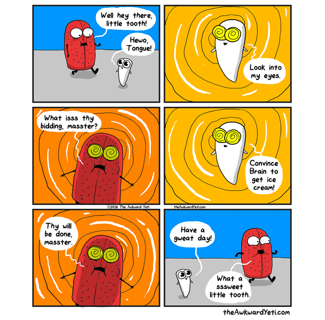 A comic strip featuring a strawberry and a garlic clove. The strawberry greets the garlic as "little tooth" and asks it to look into its eyes, then instructs it to convince the brain to get ice cream. The garlic, dressed as a samurai, responds with a