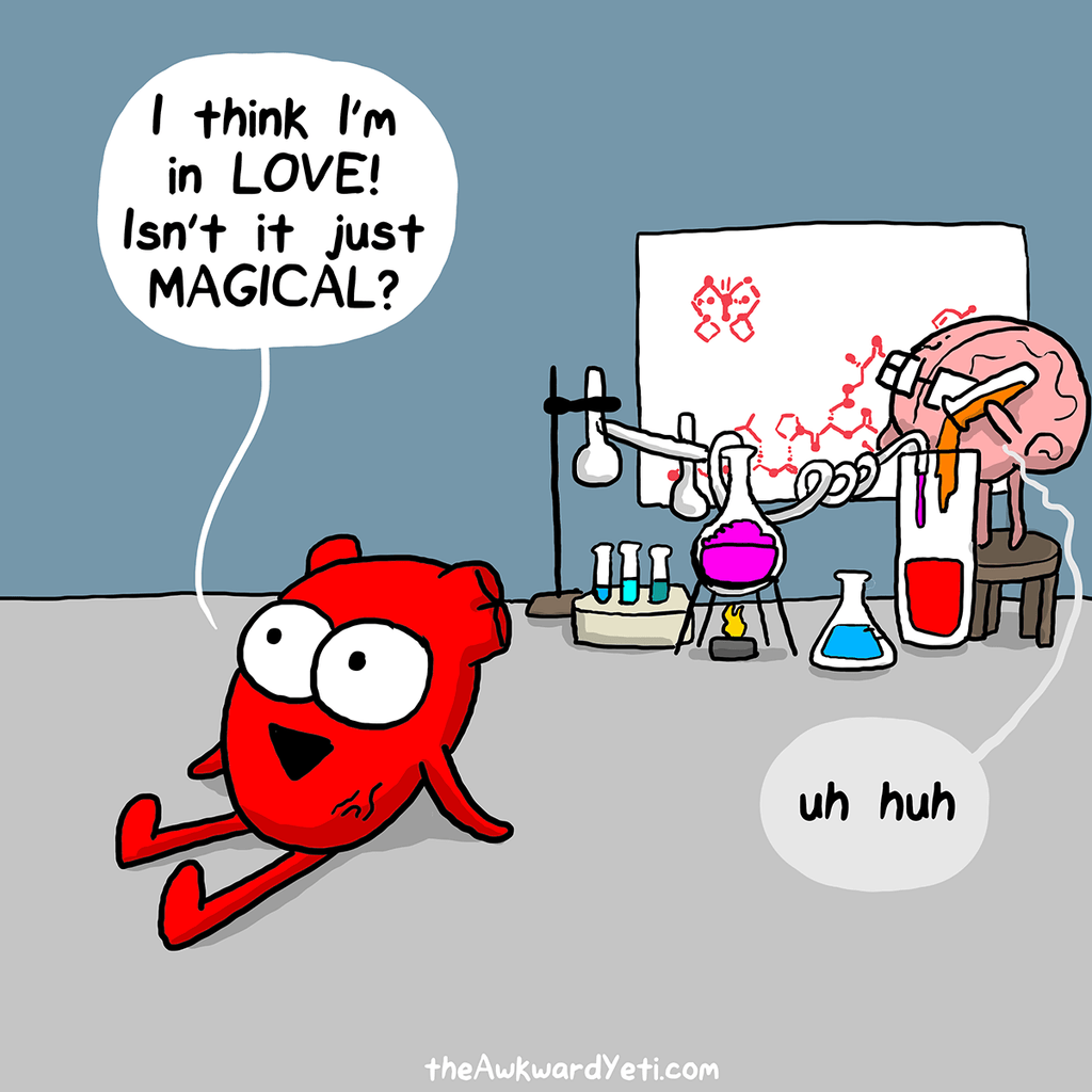 Cartoon illustration of a red heart character lying on the ground, looking at a chemistry lab with a brain on a chair connected to laboratory equipment. The heart character is saying, "I think I'm in LOVE! Isn't it just MAGICAL?" and the brain respon