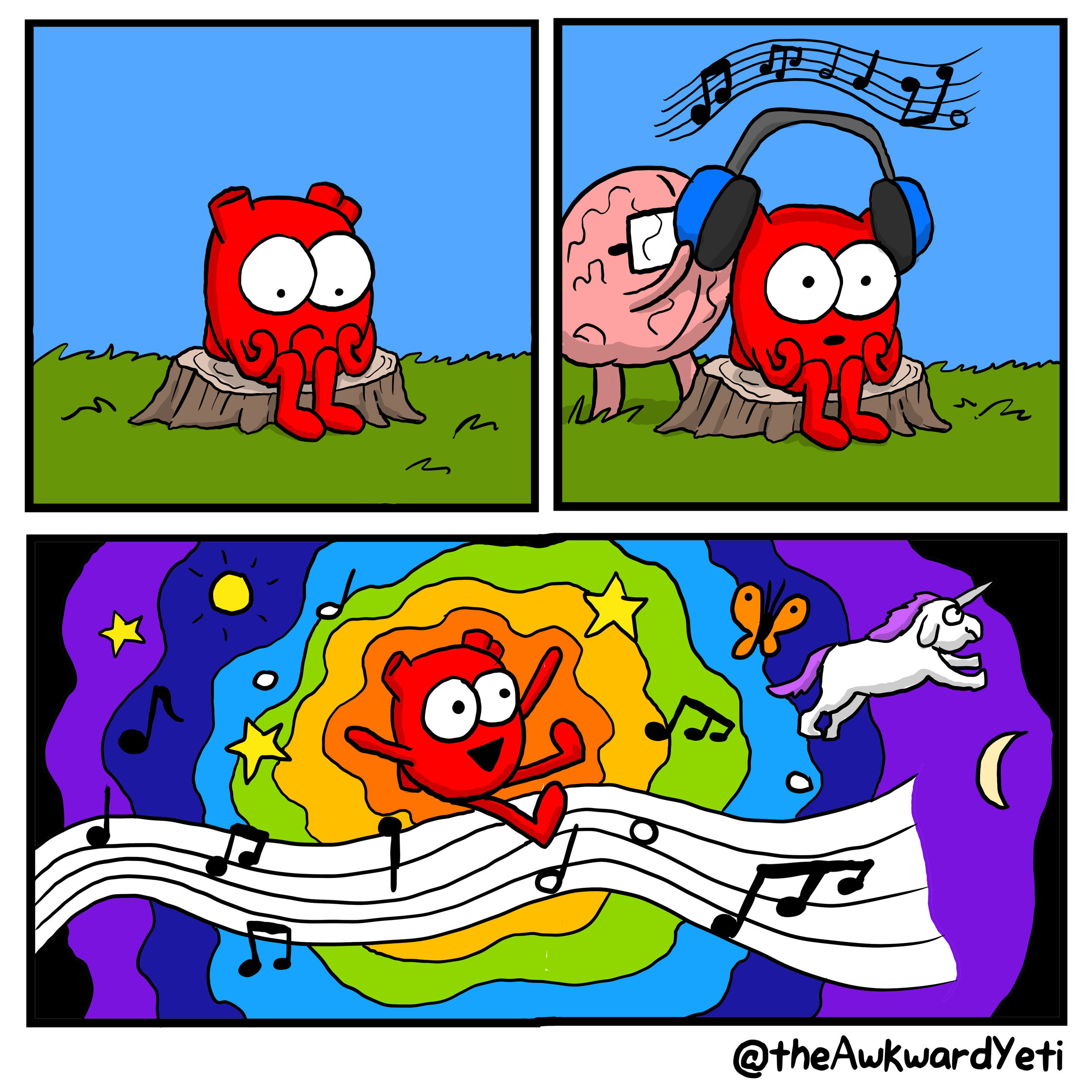 A comic strip featuring a red octopus sitting on a tree stump in a grassy field. In the second panel, the octopus wears headphones and listens to music. In the third panel, the octopus has a happier expression, surrounded by colorful, swirling patter