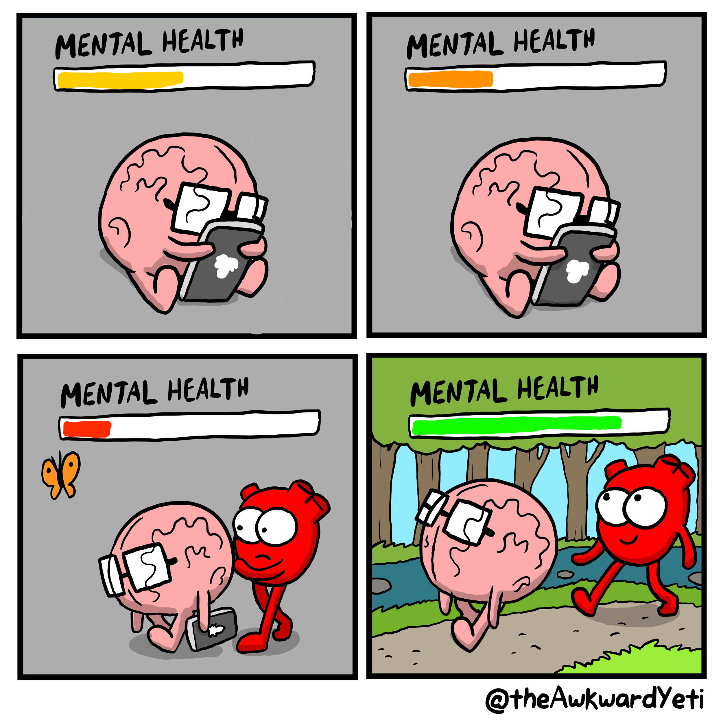 Comic strip illustrating mental health levels. The first panel shows a pink cartoon brain looking at a phone with a yellow health bar nearly full. The second panel shows the brain with the bar now orange and less full. The third panel shows the brain