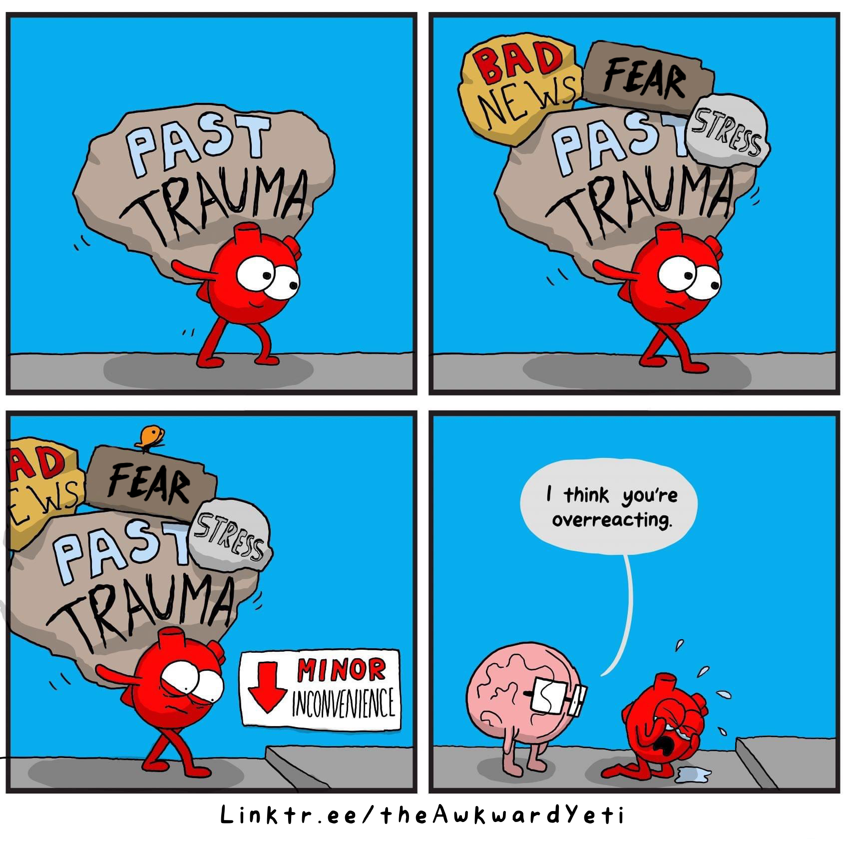 A comic strip with four panels showing a cartoon heart carrying a large rock labeled 'Past Trauma'. In the first panel, the heart looks determined. In the second, it appears overwhelmed with additional rocks labeled 'Bad News,' 'Fear,' and 'Stress.' 