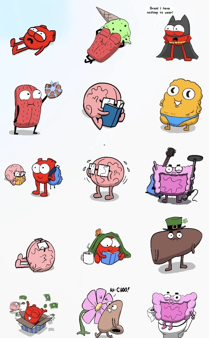 A cartoon illustration of various organs and body parts with expressive faces, including a heart, brain, stomach, and liver, each depicted with humorous accessories or actions.