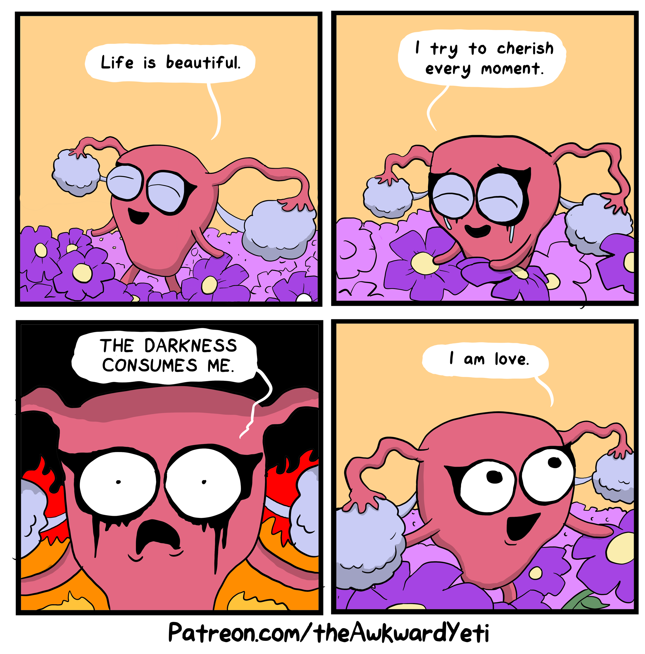 A four-panel comic featuring a pink heart-shaped character with blue glasses, expressing different emotions. In the first panel, it is happy among purple flowers, saying, 'Life is beautiful.' In the second panel, it is smiling, saying, 'I try to cher