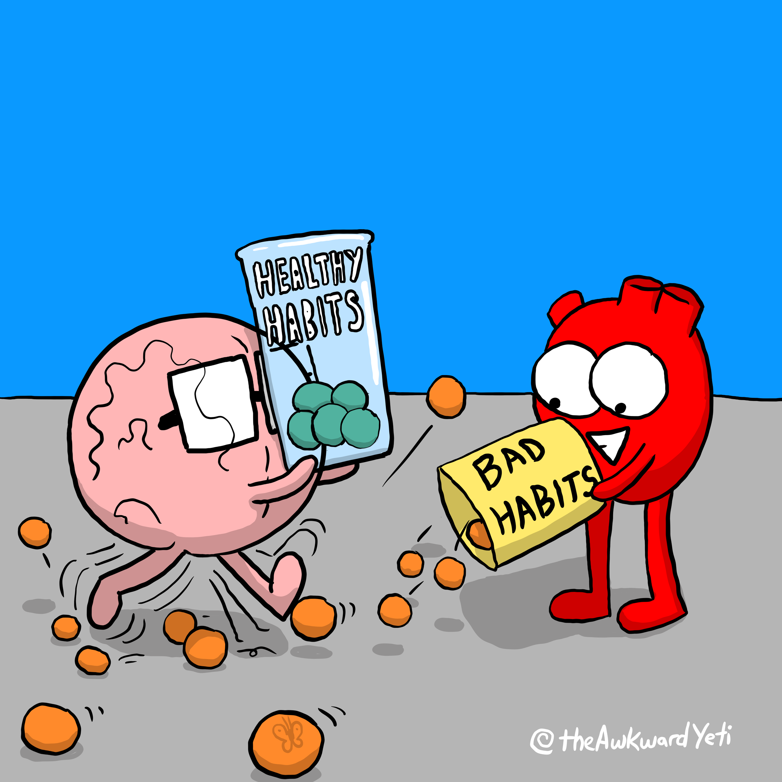 A cartoon brain and heart holding signs, with the brain holding a sign that says 'Healthy Habits' and the heart holding a sign that says 'Bad Habits,' surrounded by scattered orange balls on a gray surface against a blue background.