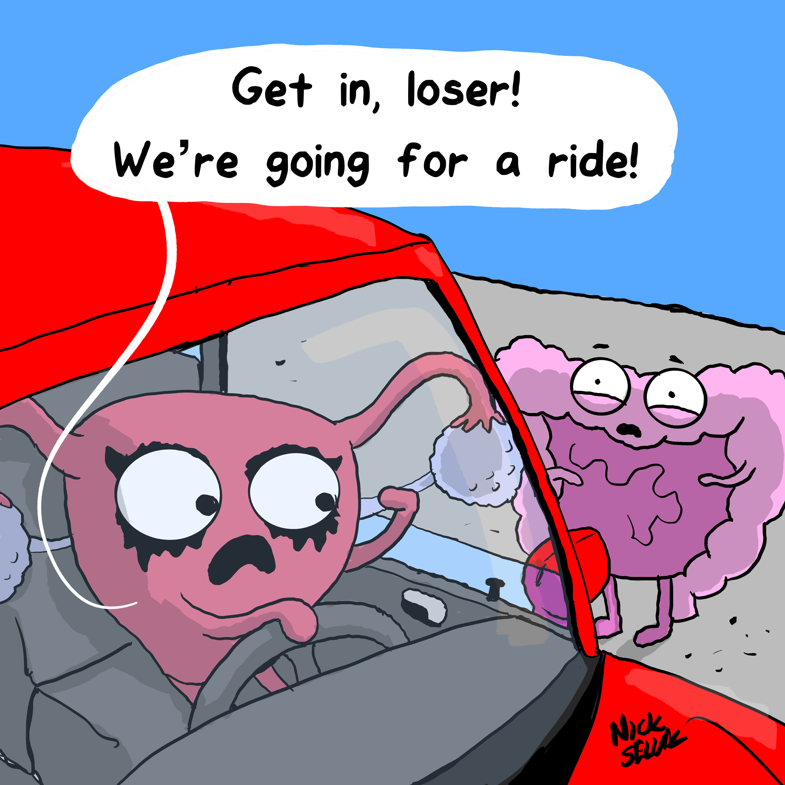 A cartoon illustration of a pink cartoon character with big eyes and a sad expression driving a red car. The character is talking to a purple cartoon creature with glasses and tentacle-like body, standing outside the car. The character says, "Get in,