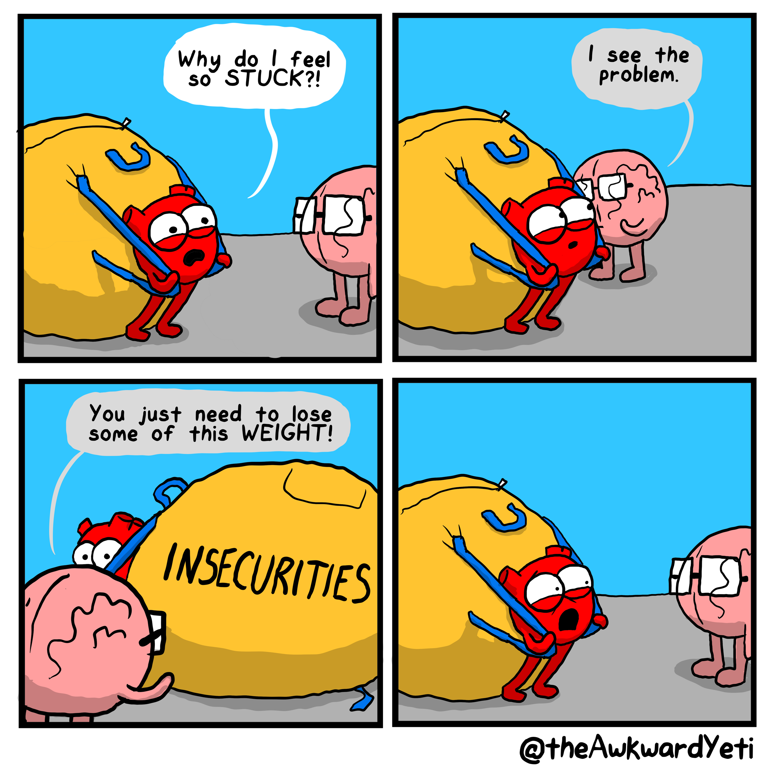 A comic strip with cartoon characters representing a heart and a brain. The heart is red and the brain is pink. In the first panel, the heart looks distressed and says, "Why do I feel so STUCK?!" In the second panel, the brain responds, "I see the pr