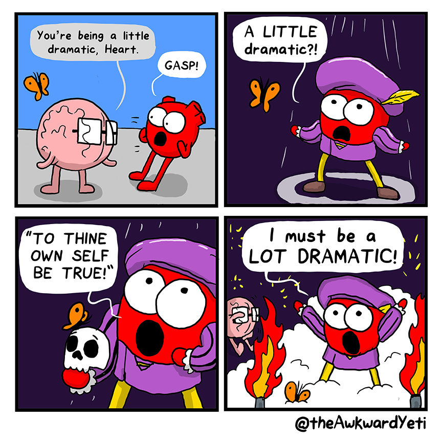 A comic strip with four panels shows a red cartoon character with large glasses and a purple hat. In the first panel, the character is surprised to see a brain with a face, eyes, and mouth, wearing glasses, with a butterfly nearby. The brain's speech
