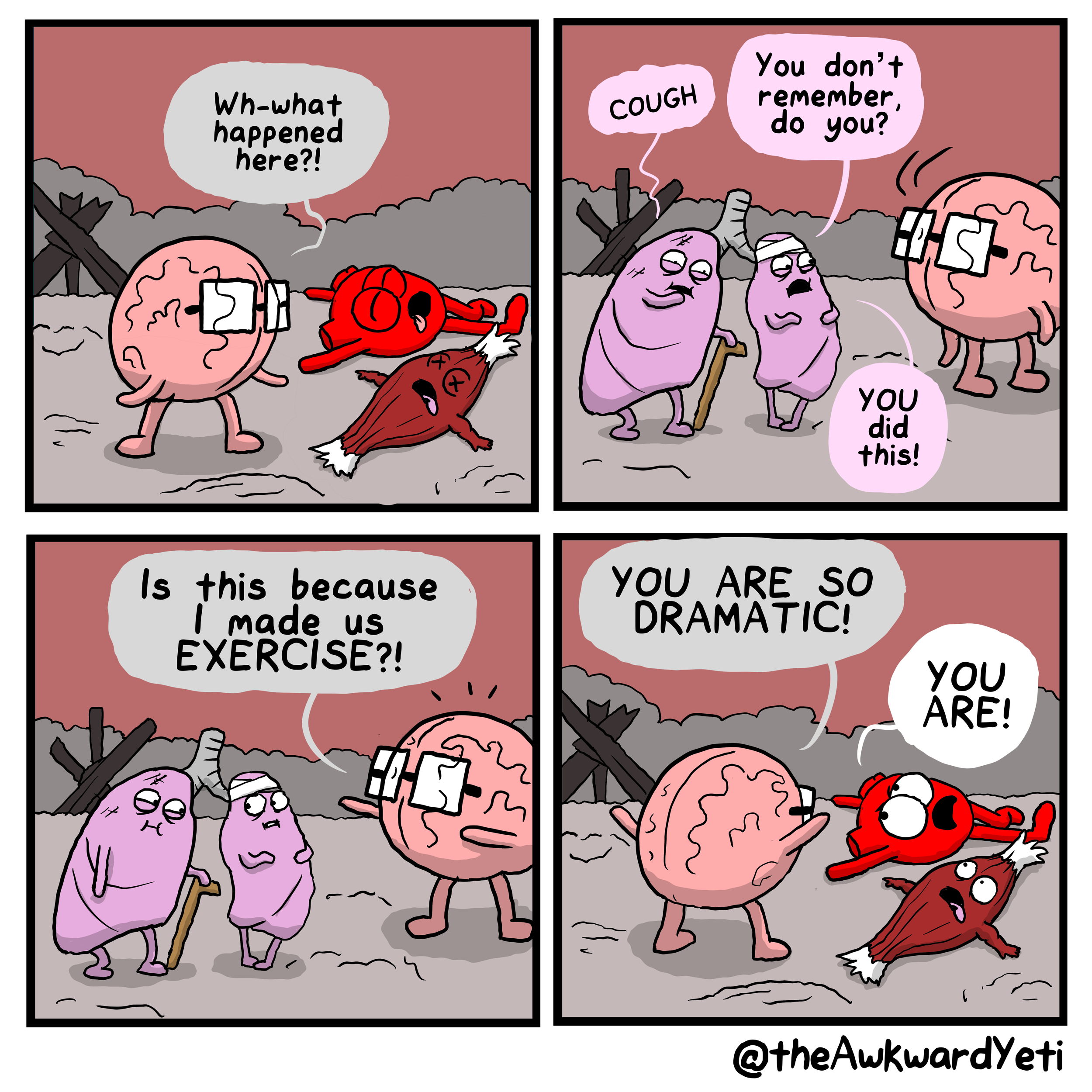 A four-panel comic strip featuring cartoon vegetables and organs. The organs are a brain, a heart, and a stomach. They are talking about a post-apocalyptic scene with debris and smoke. The brain is questioning what happened, and the organs are blamin