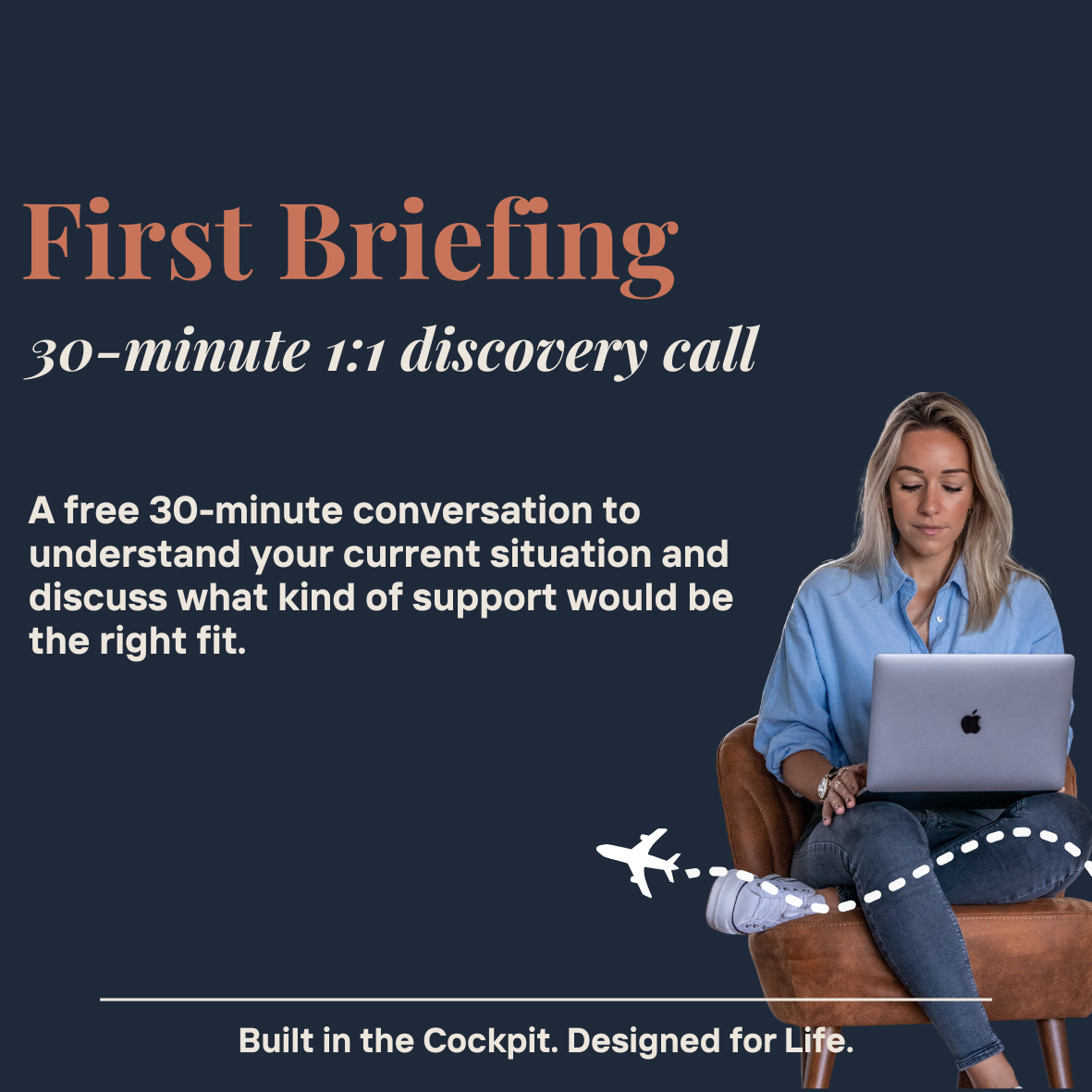 A promotional flyer for a first briefing discovery call, featuring a woman sitting on a chair with a laptop, and text about a free 30-minute conversation to discuss support needs.