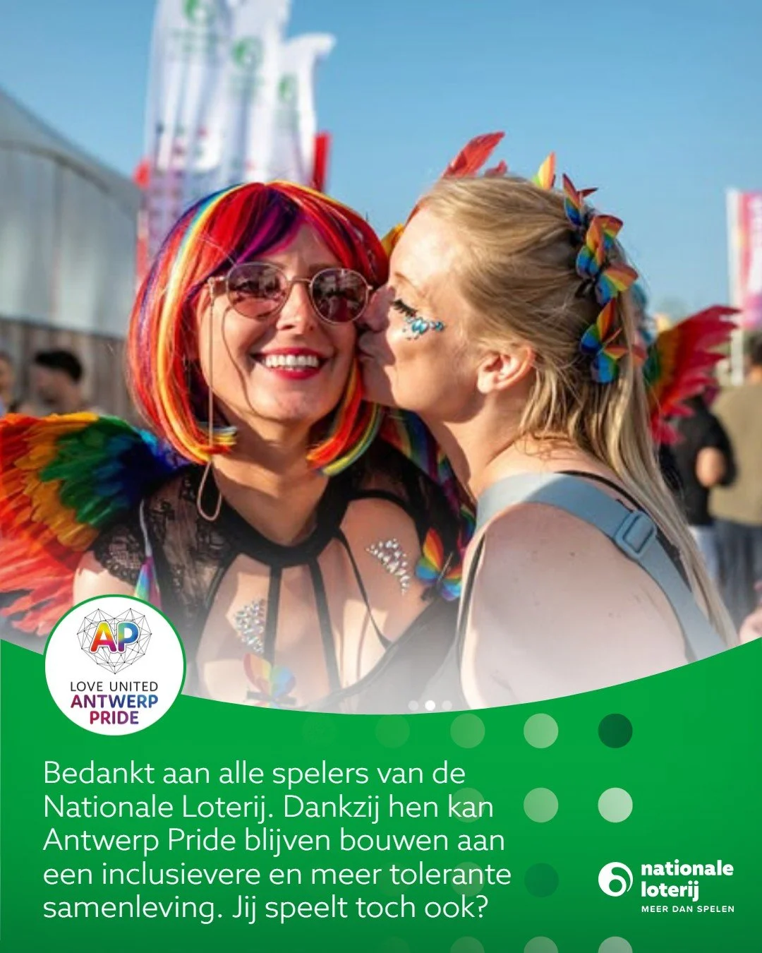 Antwerp Pride 2026 telt vijf dagen en meer dan 50 events 🗓️ waarvan een groot deel gratis en vrij toegankelijk. 🏳️&zwj;🌈 Die openheid vraagt steun.⁠
⁠
Met de Nationale Loterij aan onze zijde 🤝 kunnen we een programma neerzetten dat voor iedereen 