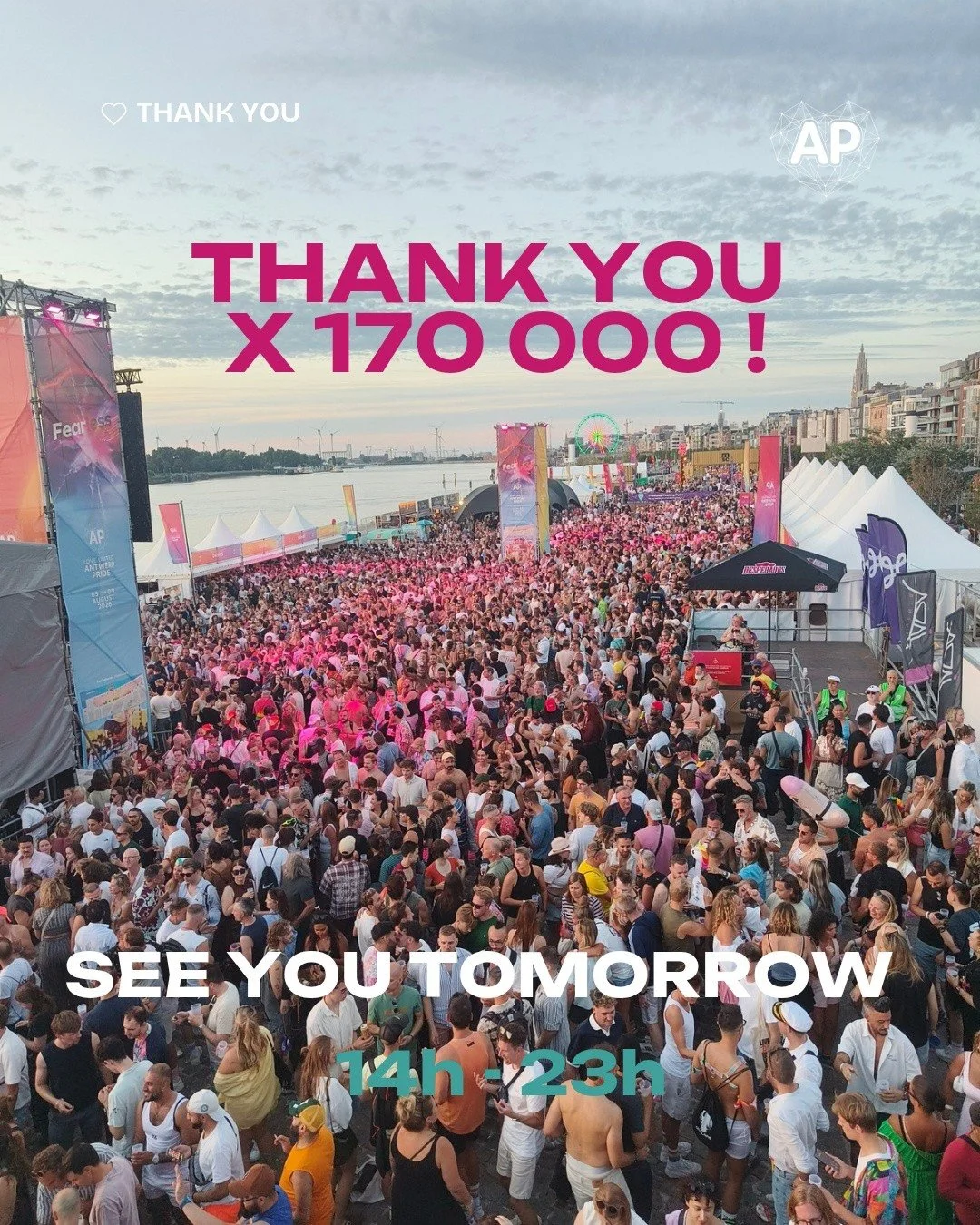 🌈 Antwerp, WHAT A DAY! 🌈

A record-breaking 170,000 beautiful people joined us for the parade and/or festival today! 🏳️&zwj;🌈✨

What a milestone. What an atmosphere. What a celebration. You&rsquo;ve been absolutely amazing! ❤️

Now get home safe,