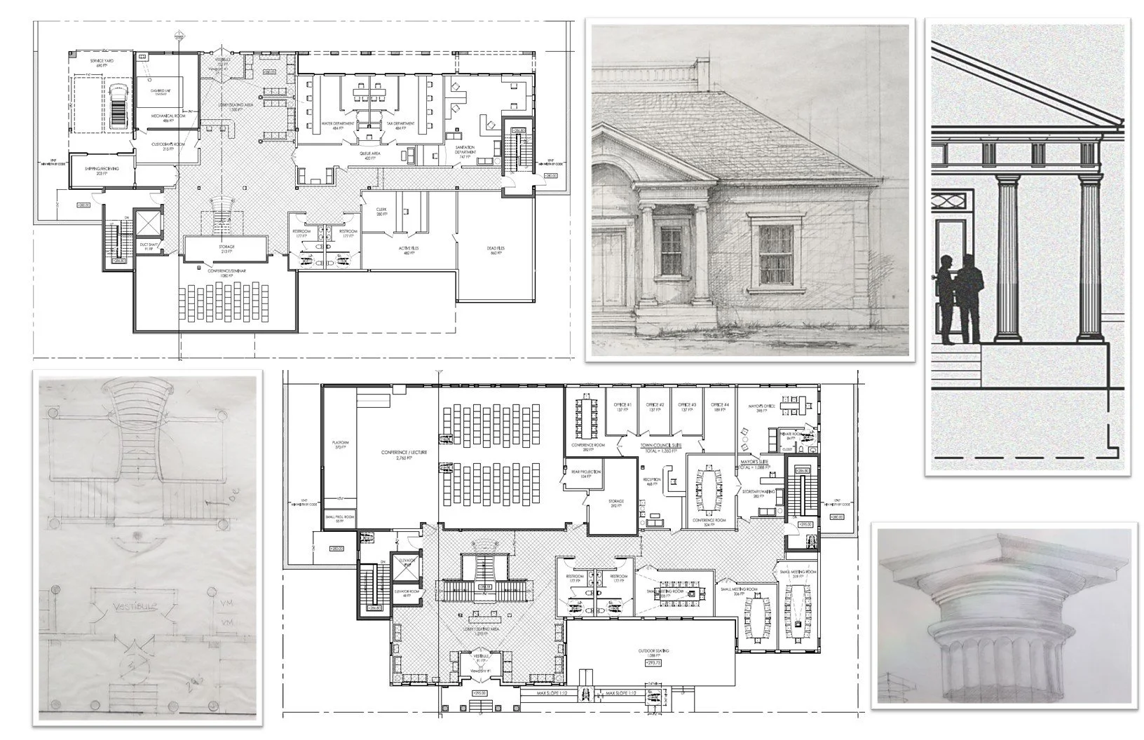 Municipal building situated on a significantly sloped site descending from the main street frontage. The primary design challenge was the topography, resulting in a one-story civic presence along the main street façade and a two-story elevation at th