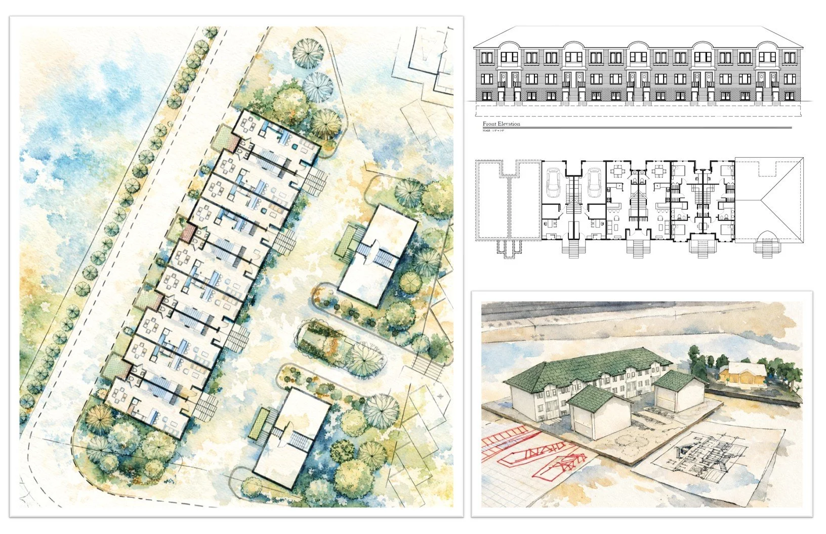 Townhomes Development – Long Island, NY

Architectural and site design proposal for a townhome development on an existing infill lot in Long Island, influenced by Dutch architectural typologies and proportions. 

Site planning was designed without cu