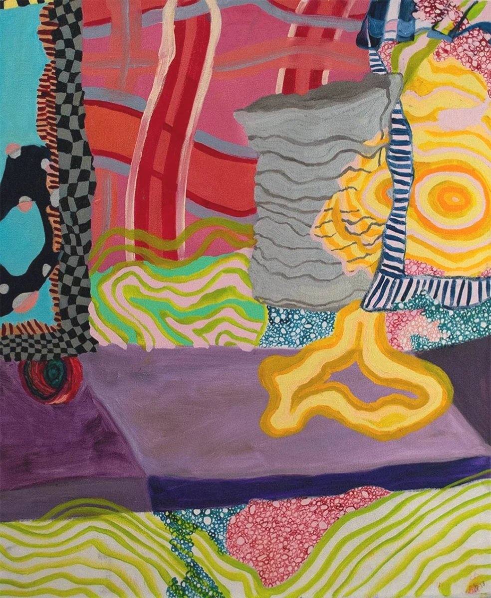 One piece from "Alley Mural" Oil and acrylic on canvas - One painting made up of 24 independent paintings of varying sizes.  The entire mural is 6'x12'