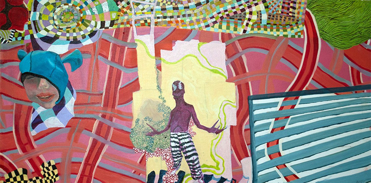 One piece from "Alley Mural" Oil and acrylic on canvas - One painting made up of 24 independent paintings of varying sizes.  The entire mural is 6'x12'