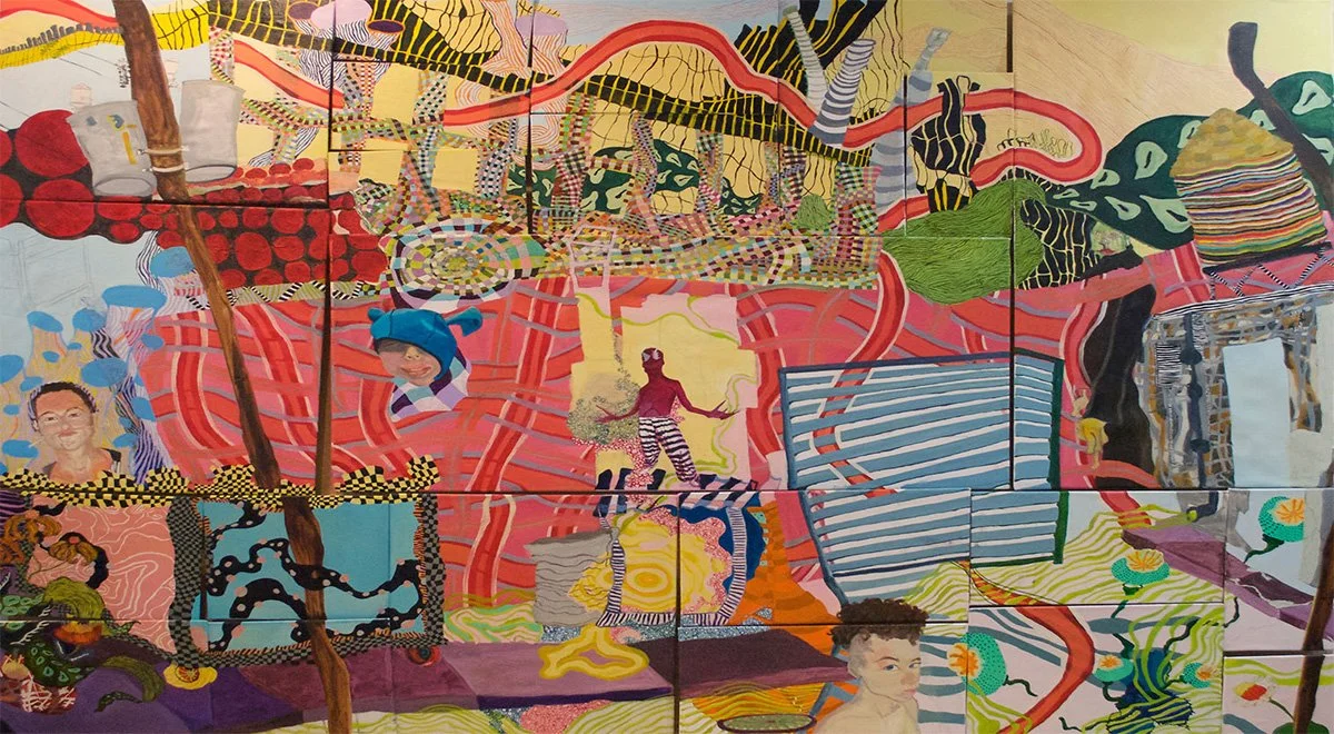 "Alley Mural" Oil and acrylic on canvas - One painting made up of 24 independent paintings of varying sizes.  The entire mural is 6'x12'