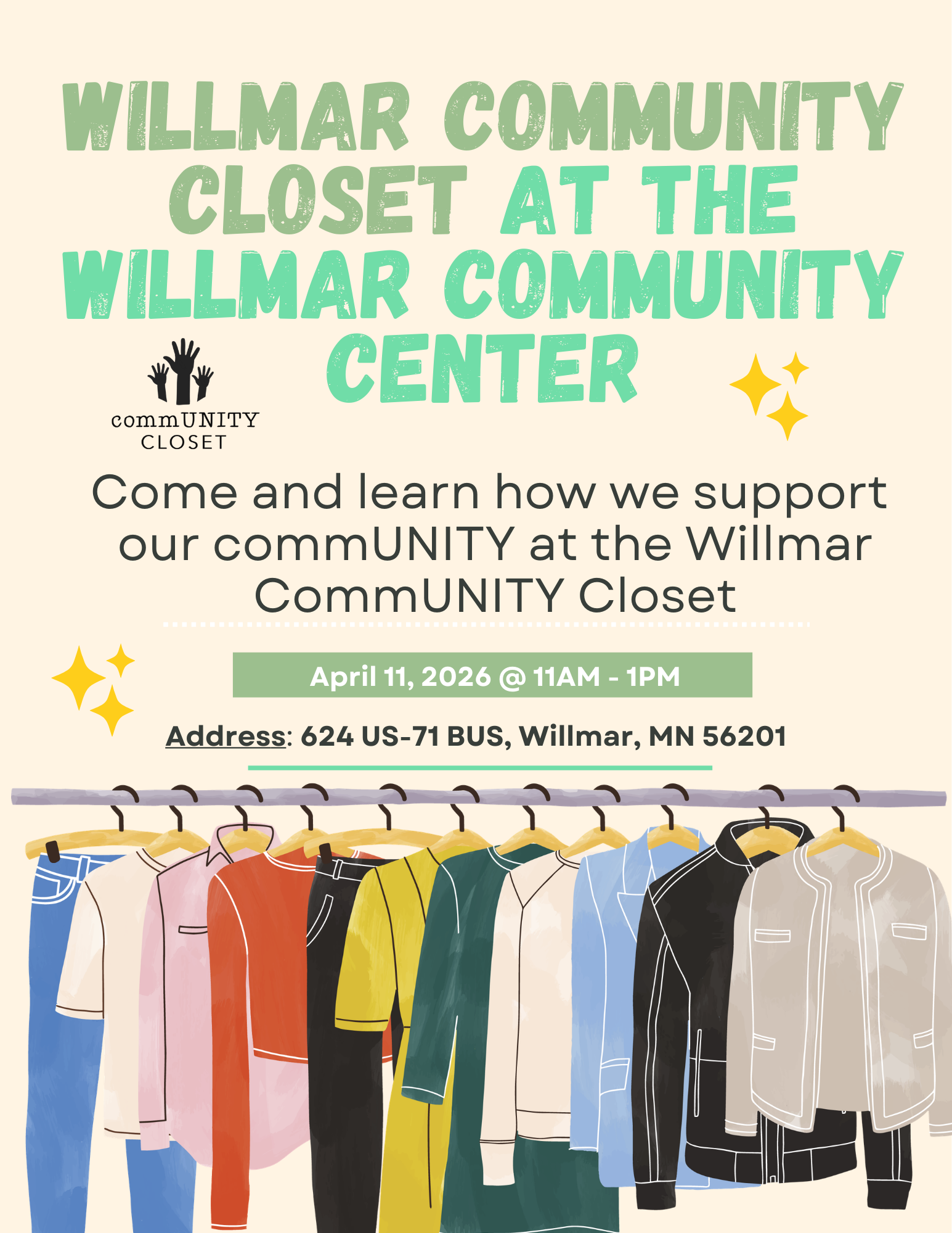 Flyer for Willmar Community Closet event on April 11, 2026, from 11 AM to 1 PM at 624 US-71, Willmar, MN 56201, featuring colorful clothing hanging on a rack.