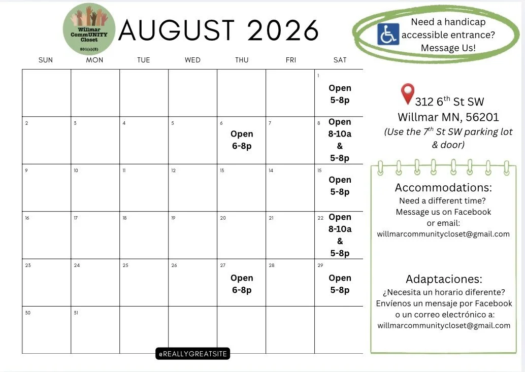August 2026 calendar for Willmar Community Closet with open hours on specific days, a note about accessibility with a message link, and contact information in both English and Spanish.