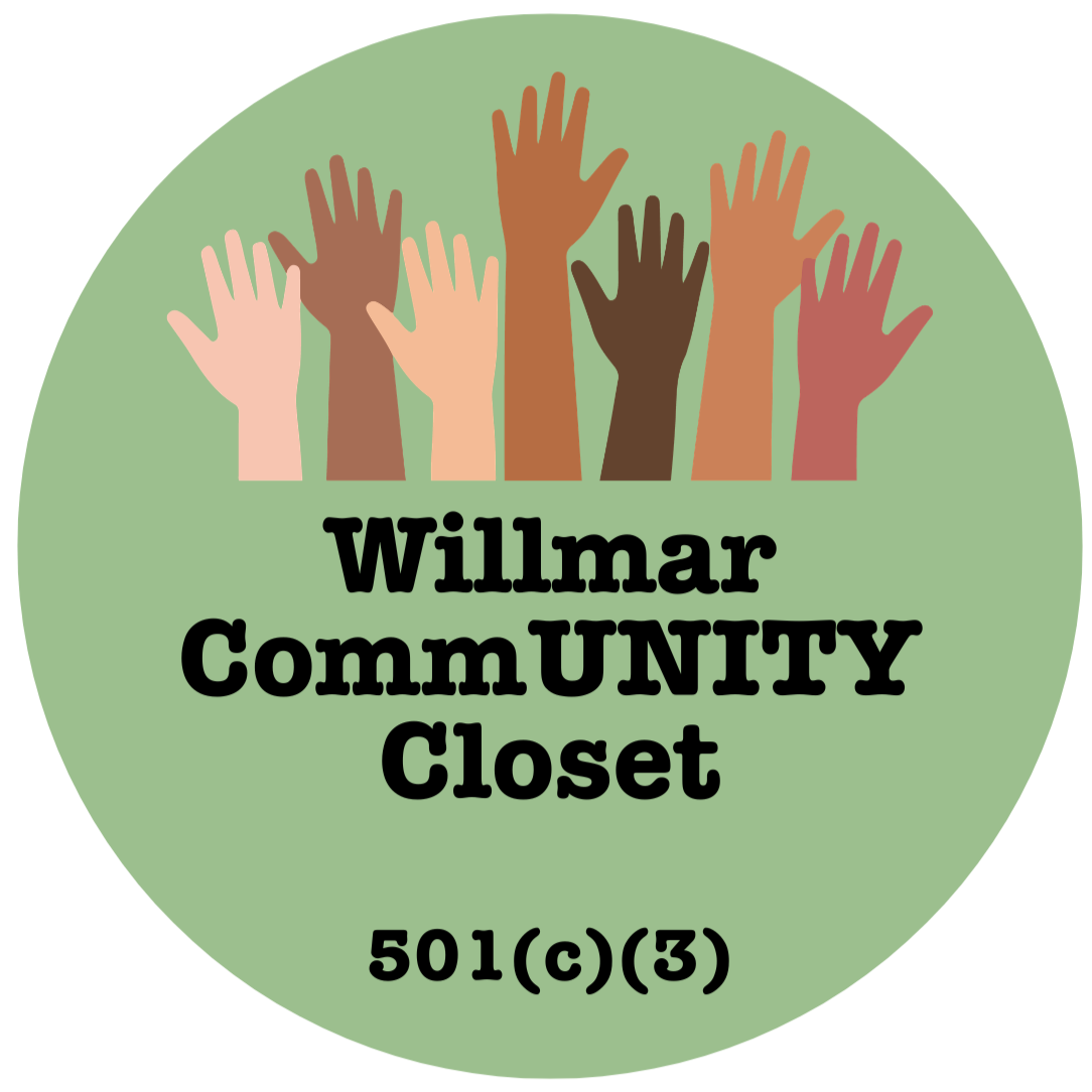 Logo for Willmar Community Closet featuring six diverse hands raised above the text, with a green circular background.