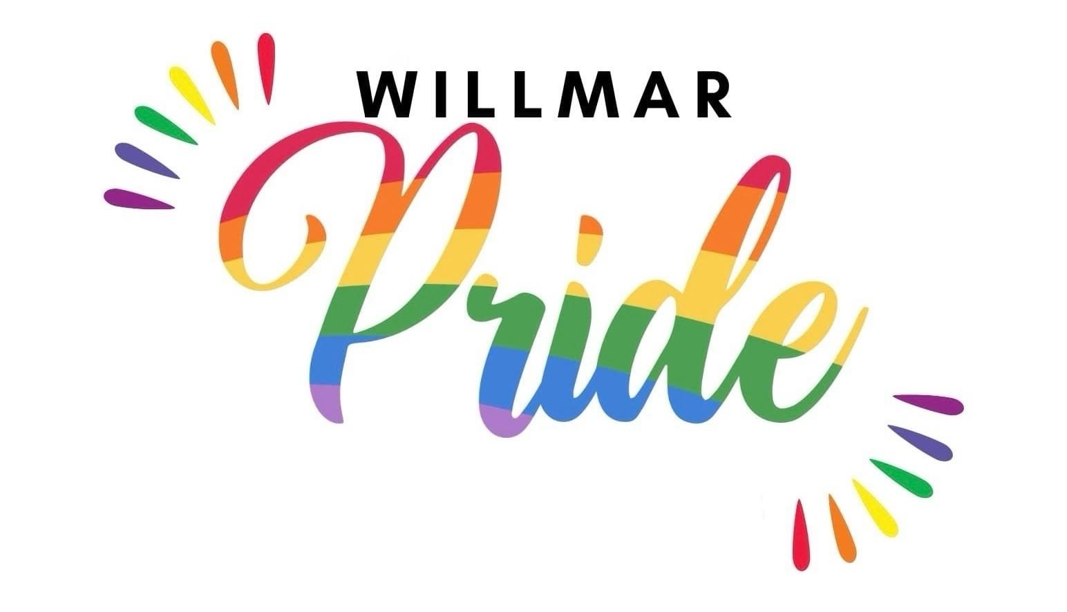 Wedding logo with the text 'Willmar Pride' in black and rainbow-colored, cursive font, surrounded by rainbow-colored lines.