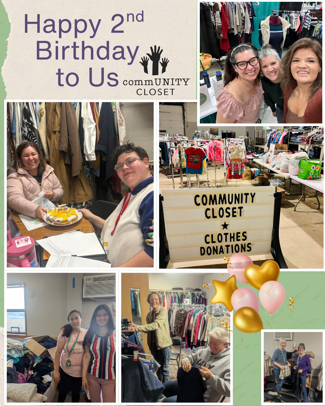 Celebrating the second birthday of community closet with photos of volunteers and shopping for clothes at the community closet event.