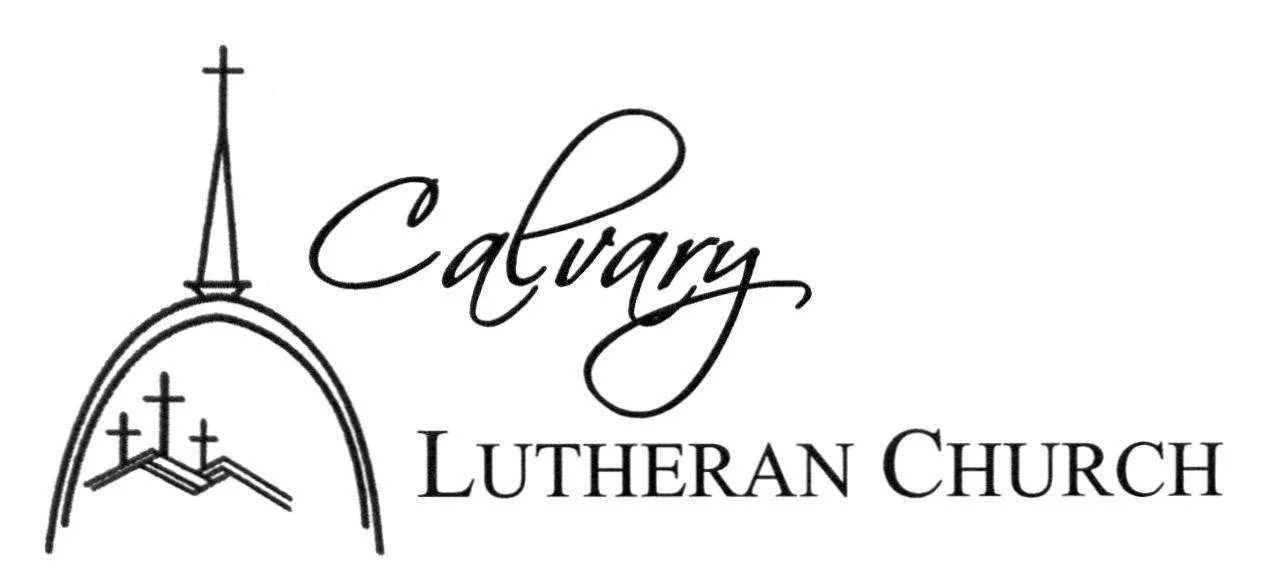 Logo of Calvary Lutheran Church featuring a stylized church steeple with three crosses over a hill, and the church name in cursive and serif fonts.