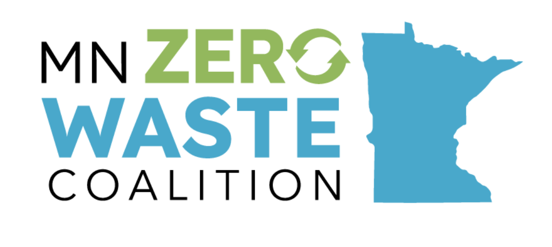 Logo for MN Zero Waste Coalition with text and a blue outline of Minnesota.