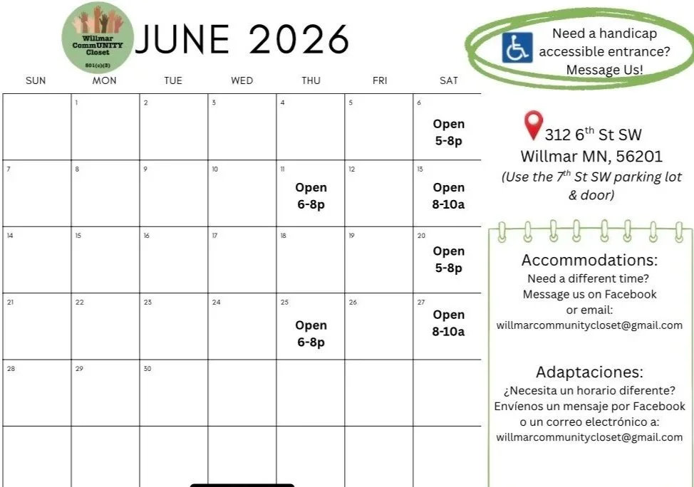 June 2026 calendar for Willmar Community Closet, with open hours on specific days, a logo for the community closet, a note about accessible entrance, the address 312 6th St SW, Willmar, MN 56201, social media and email contacts for accommodations, and a notice about adaptable services in Spanish.