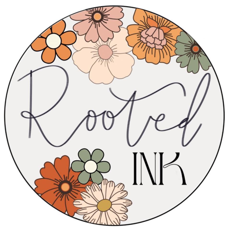 Decorative circle with the phrase "Rooted in" in elegant cursive and floral illustrations in orange, peach, green, and beige around the text.