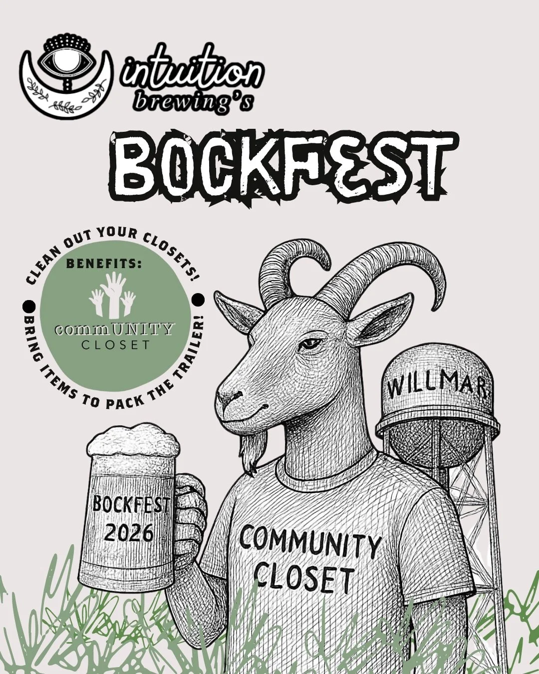 Flyer for Bockfest 2026 featuring a goat with a beard holding a beer mug, with a water tower labeled 'Willmar' in the background. The flyer promotes a community closet for the event.