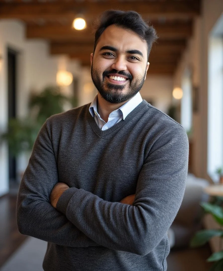 A smiling man with dark hair and a beard wearing a gray sweater over a white collared shirt in an indoor setting with warm lighting and greenery.