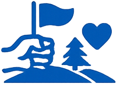 A stylized drawing of a hand holding a flagstick with a flag, a heart, a pine tree, and a hill in blue.