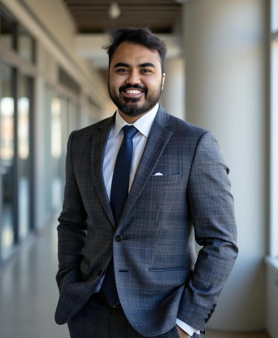 A man in a dark gray plaid business suit with a white shirt and navy tie, smiling and standing with his hands in his pockets in a modern building corridor.