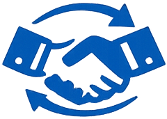 A blue icon of a handshake with arrows forming a circle around it, symbolizing partnership or exchange.