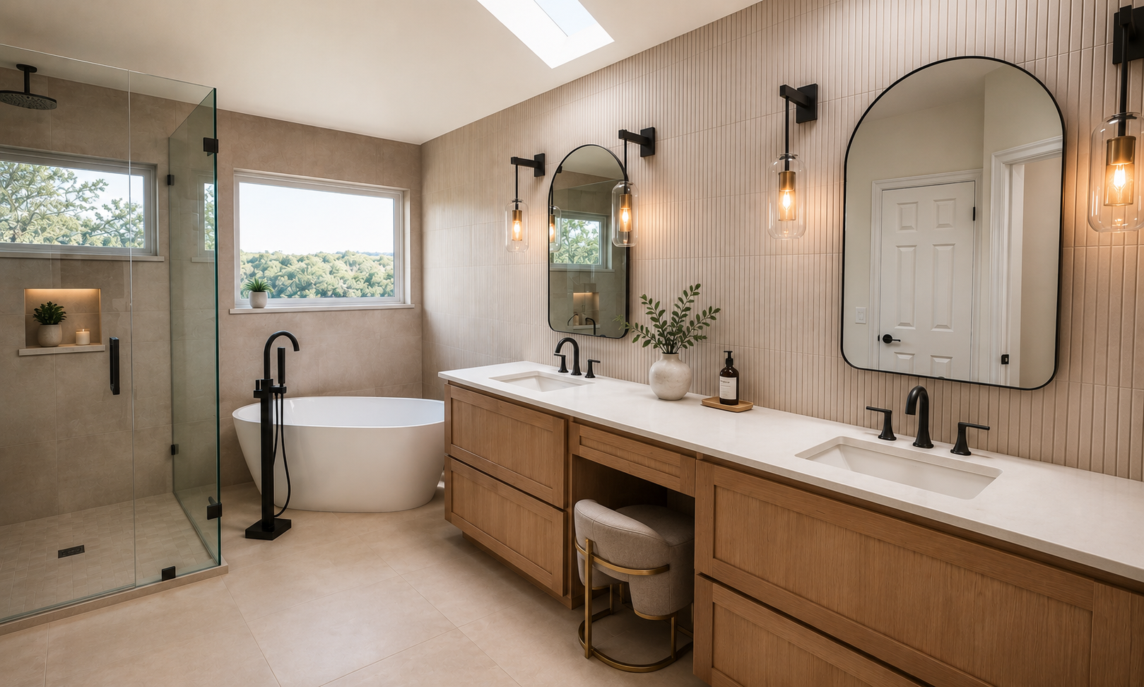 Complete Barton Creek West primary bathroom remodel featuring custom oak cabinetry, freestanding soaking tub, frameless glass shower, new tile, and added windows