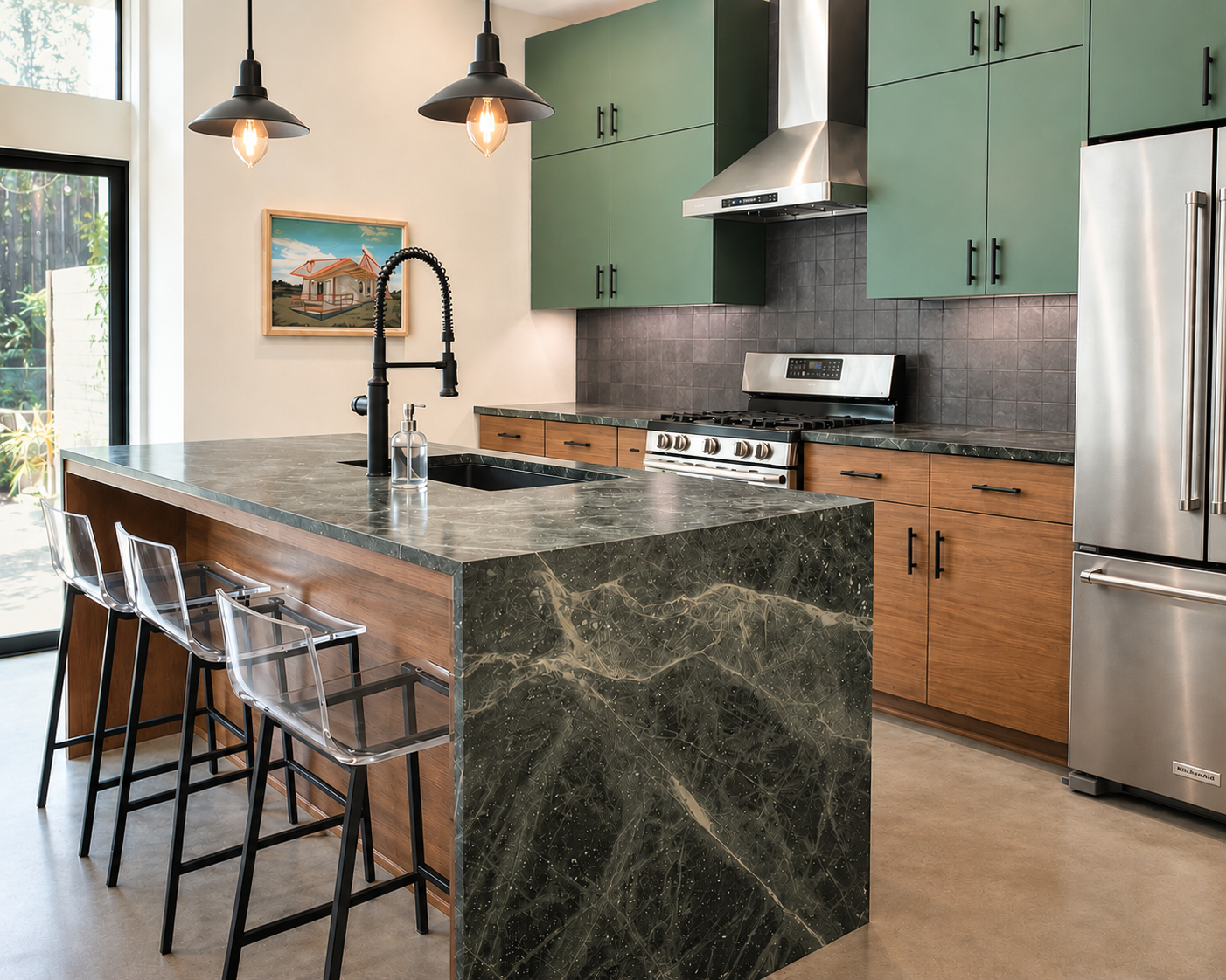 South Congress kitchen remodel featuring custom green cabinetry, dramatic stone waterfall-edge island countertop, new backsplash tile, stainless steel vent hood, and stained concrete floors