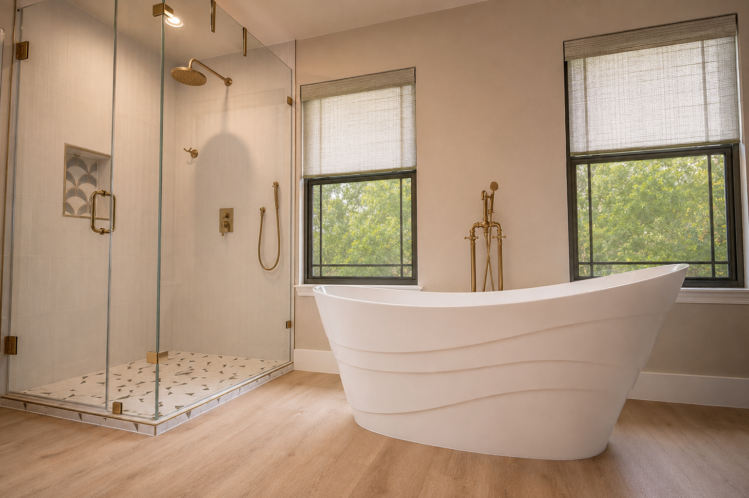 Luxury South Austin primary bathroom featuring a freestanding soaking tub, glass-enclosed shower, brass fixtures, and large windows overlooking mature trees
