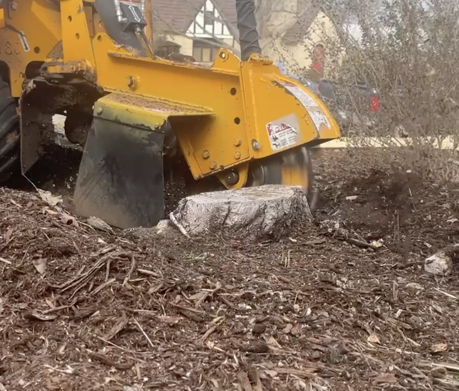 A yellow stump grinder removing a tree stump from the ground.